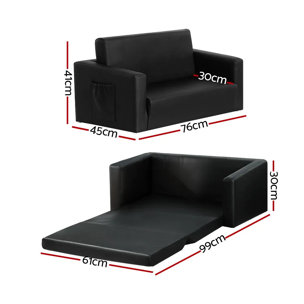 Black PU Leather Kids Sofa Bed, 2-Seater, Timber Frame - Keezi