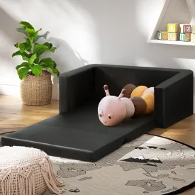 Black PU Leather Kids Sofa Bed, 2-Seater, Timber Frame - Keezi