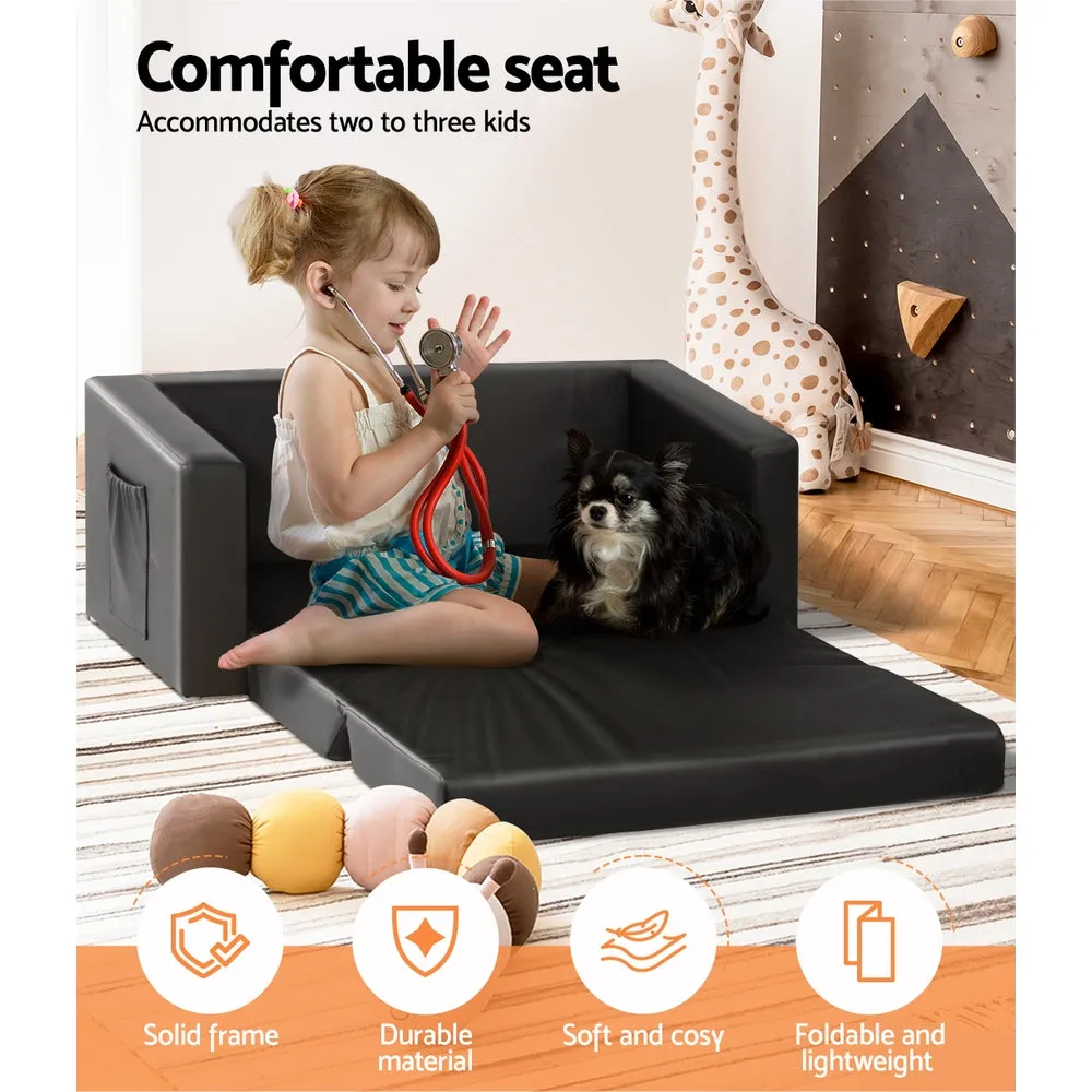 Black PU Leather Kids Sofa Bed, 2-Seater, Timber Frame - Keezi