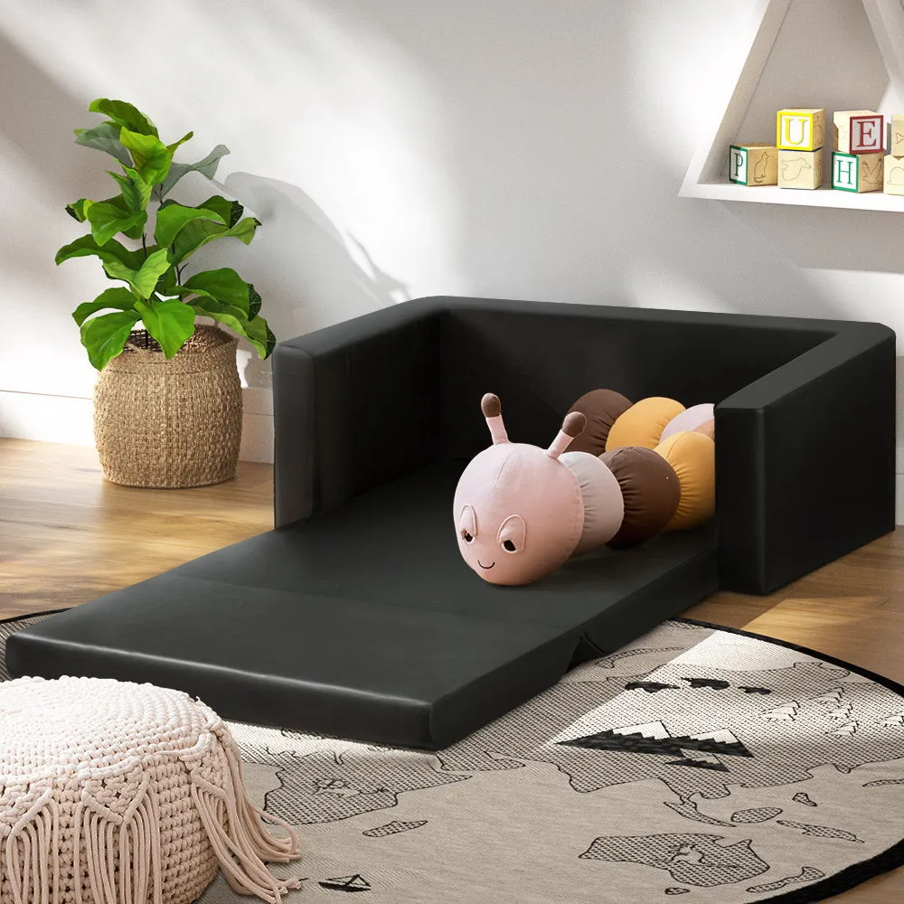 Black PU Leather Kids Sofa Bed, 2-Seater, Timber Frame - Keezi