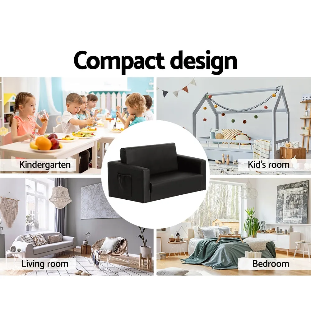 Black PU Leather Kids Sofa Bed, 2-Seater, Timber Frame - Keezi
