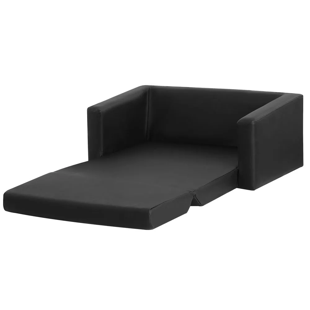 Black PU Leather Kids Sofa Bed, 2-Seater, Timber Frame - Keezi