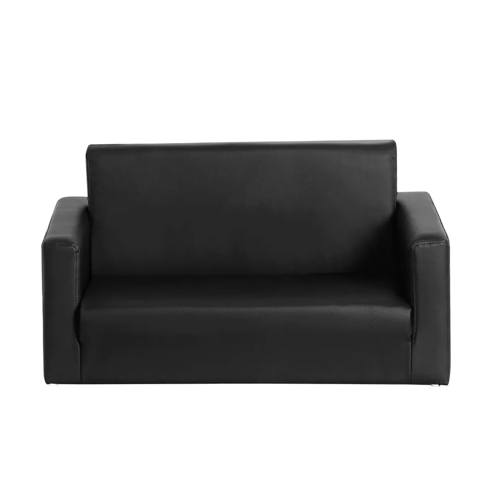 Black PU Leather Kids Sofa Bed, 2-Seater, Timber Frame - Keezi
