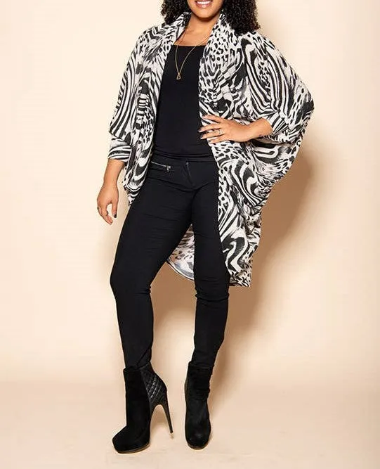 Cardi Top Worn Two Ways Black and White Animal Print, High Low Shape