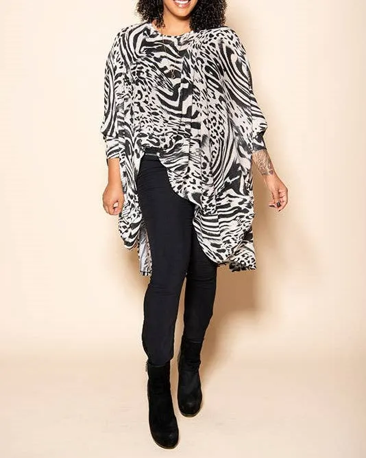 Cardi Top Worn Two Ways Black and White Animal Print, High Low Shape