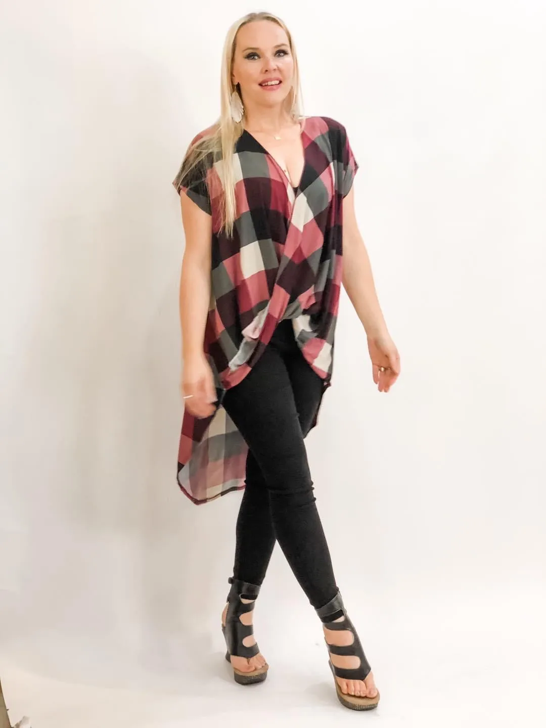 High-Low Plaid Draped Crossover Top