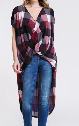 High-Low Plaid Draped Crossover Top