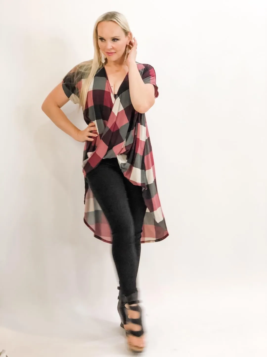 High-Low Plaid Draped Crossover Top